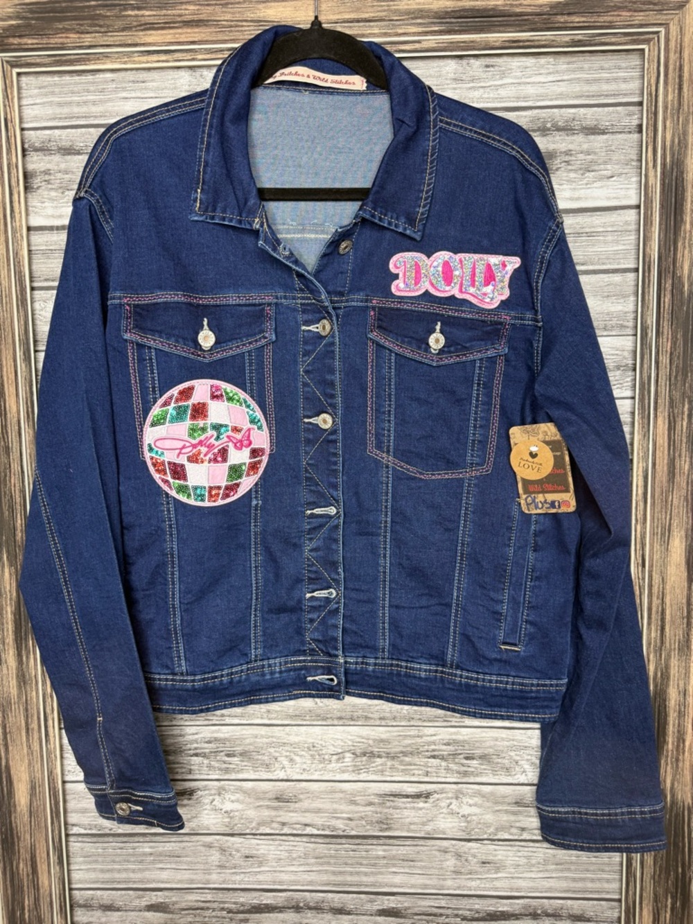 UpCycled Handmade Dolly Parton Denim Jacket with Pink Sequin Multicolor Wings - Picture 2 of 3